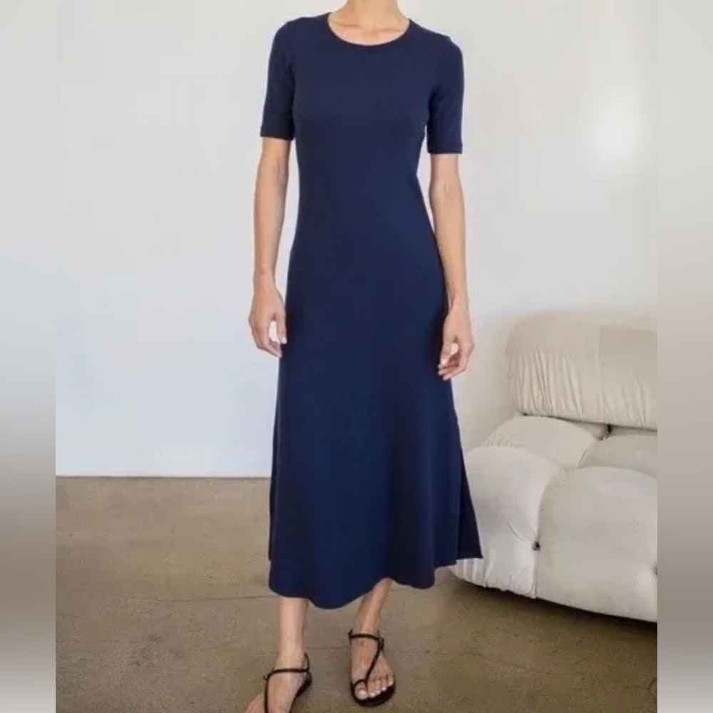COPY - AYR The Moderne Dress Ribbed Midi Pullover Short Sleeve Size Large Navy